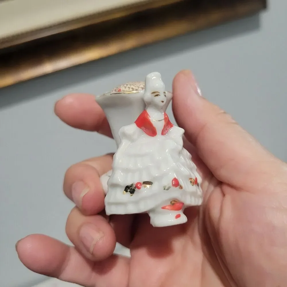 Vtg Set of 2 Porcelain Toothpick Holders Elegant Lady and Man Japan Pin Cushions